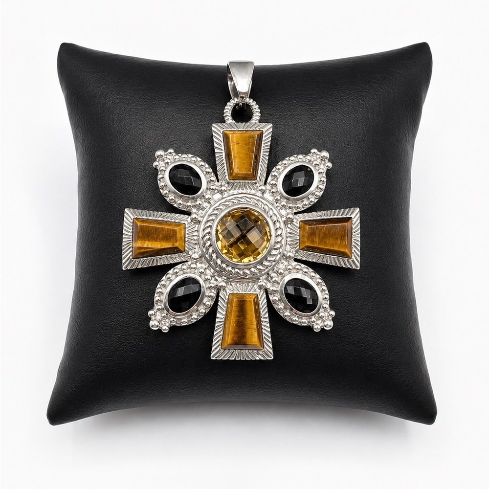JUDITH RIPKA 925 Sterling Silver Citrine Tiger’s Eye Onyx Maltese Pendant